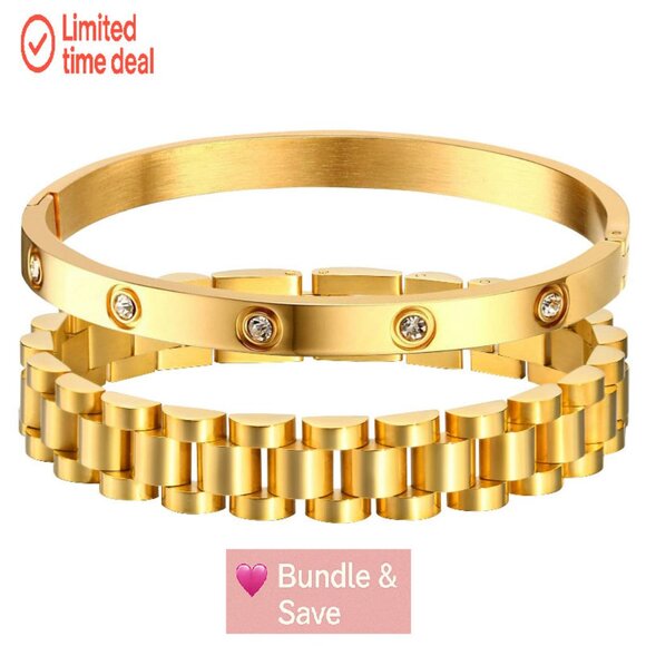 18K Gold Plated Link Bracelet Set, Stainless Steel with Adjust Tool - Picture 1 of 8